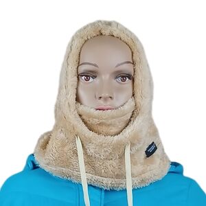 Unisex Ski Mask Balaclava Winter Hat Faux Fur Hooded Scarf W/ Drawstrings Cream
